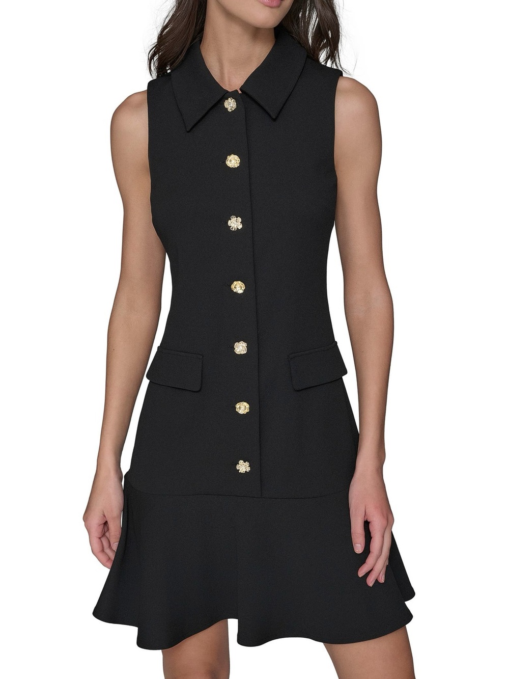 Karl Lagerfeld Paris Black Sleeveless Scuba Crepe Shirt Dress Flower Buttons 14